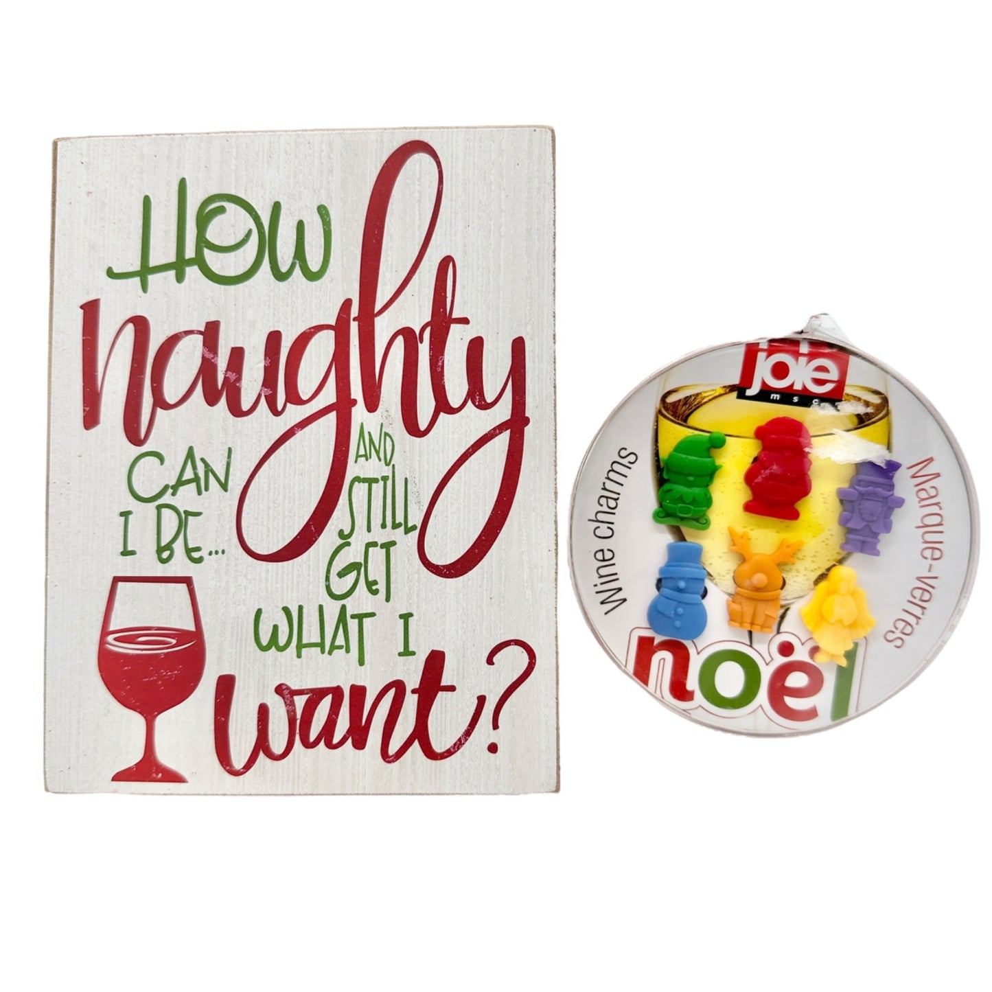 Holiday Decor Wine Themed Bundle Wooden Sign and Joie Noel Wine Charms Set
