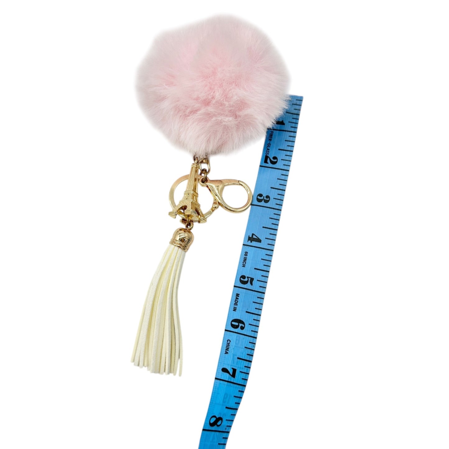 Pink Fluffy Pom Pom Keychain With Eiffel Tower Charm and White Tassel