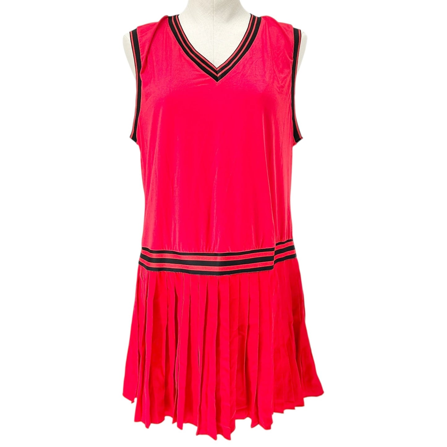 Vintage Inspired Red Sleeveless Dress XXL Striped V-Neck Waistband Pleated Skirt
