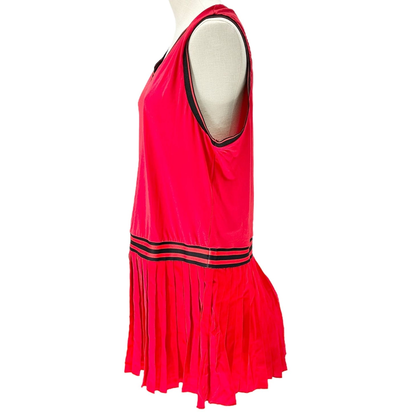 Vintage Inspired Red Sleeveless Dress XXL Striped V-Neck Waistband Pleated Skirt