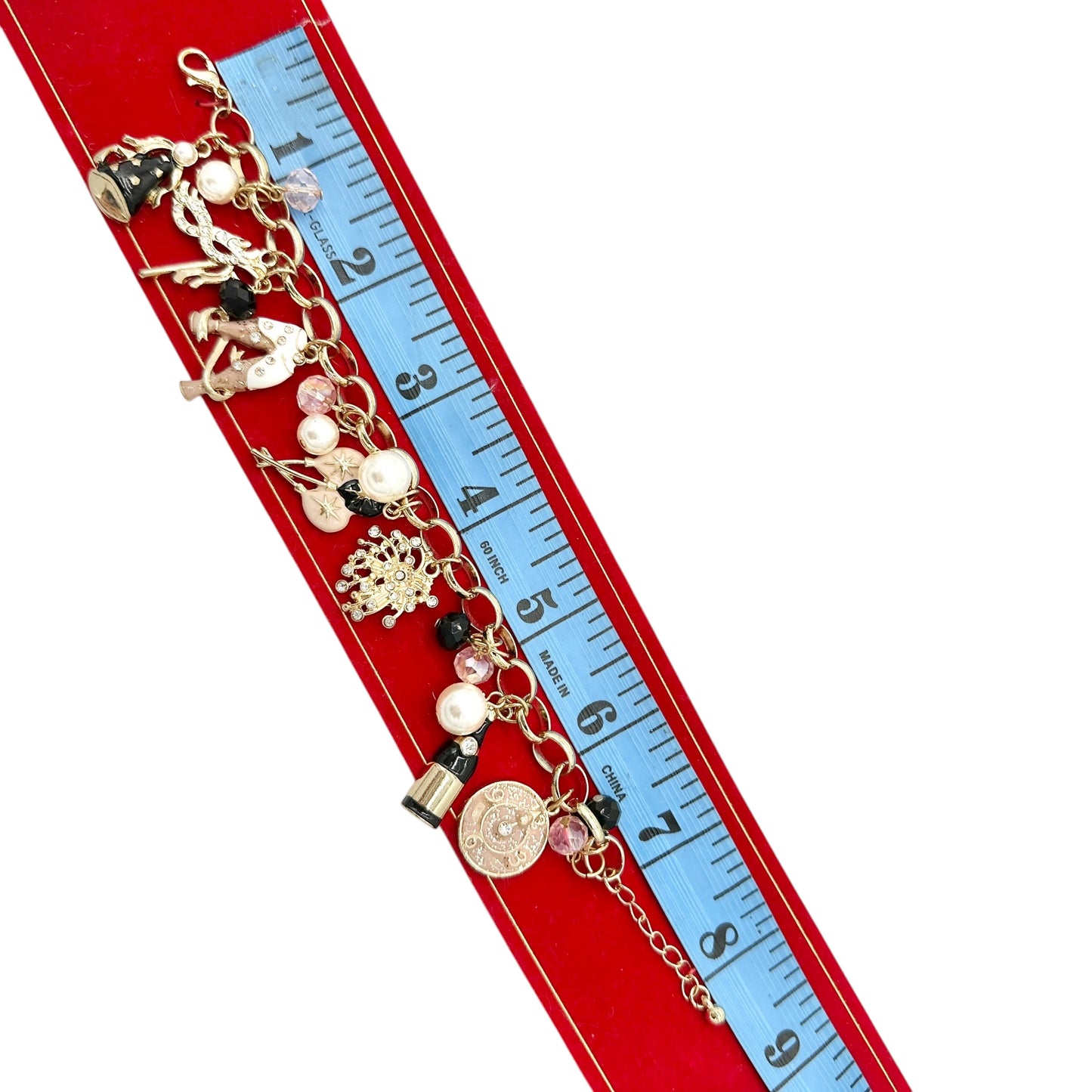 Macys Holiday Lane New Years Eve Gold Tone Charm Bracelet Pink Black White 8 in