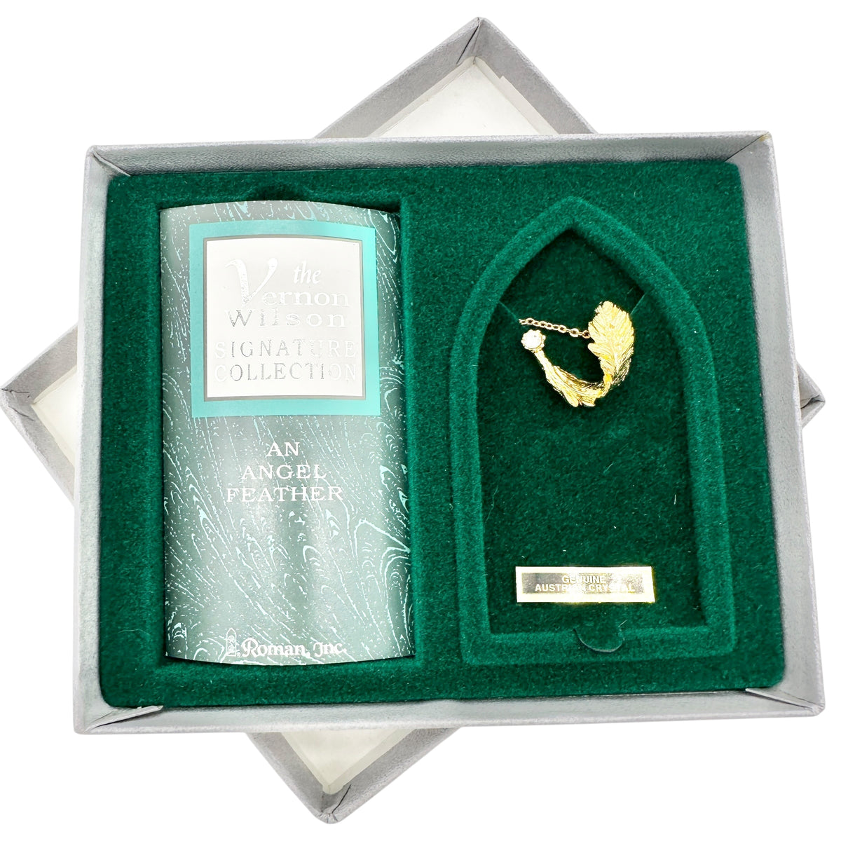 Angel Feather Necklace Austrian Crystal Gold Tone Vernon Wilson Signature in Box