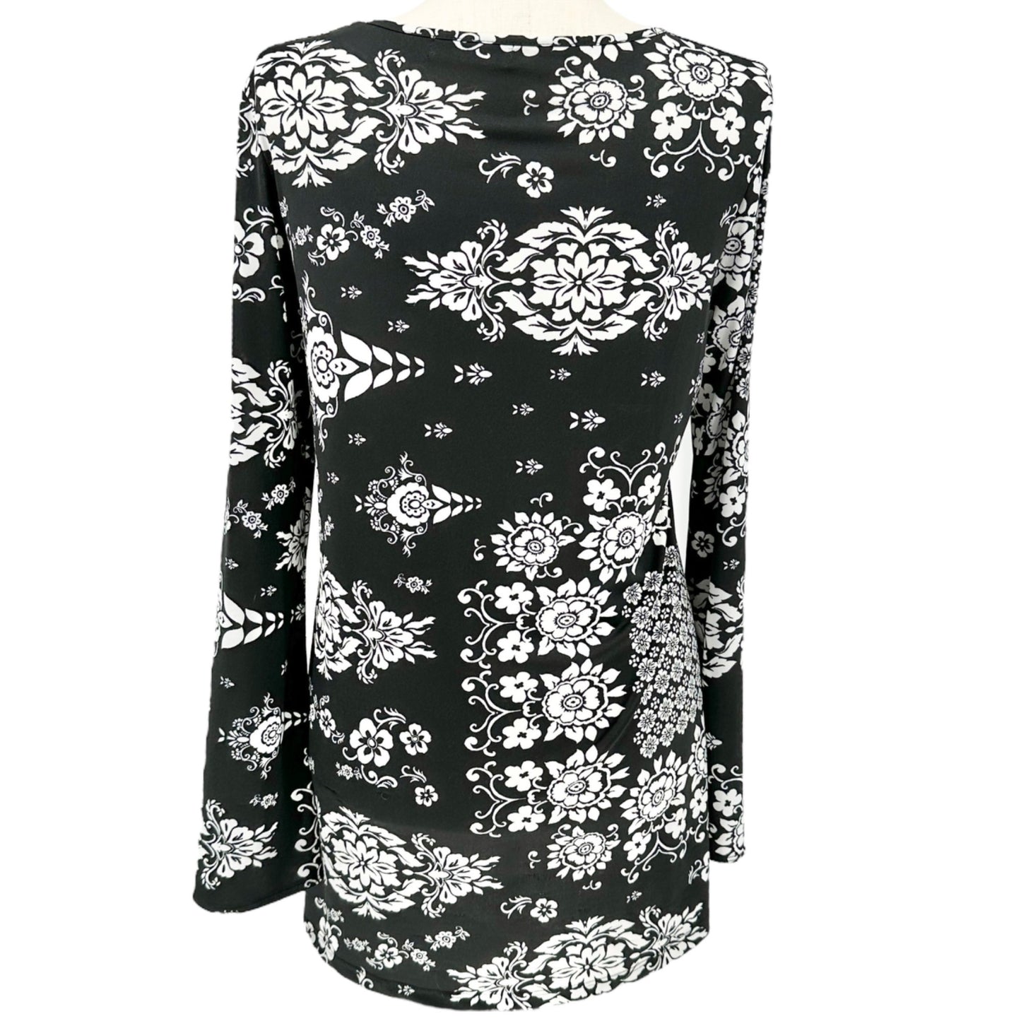 Johnny Womens Floral Print Black & White Long Sleeve Tunic Top 3XL USA Made
