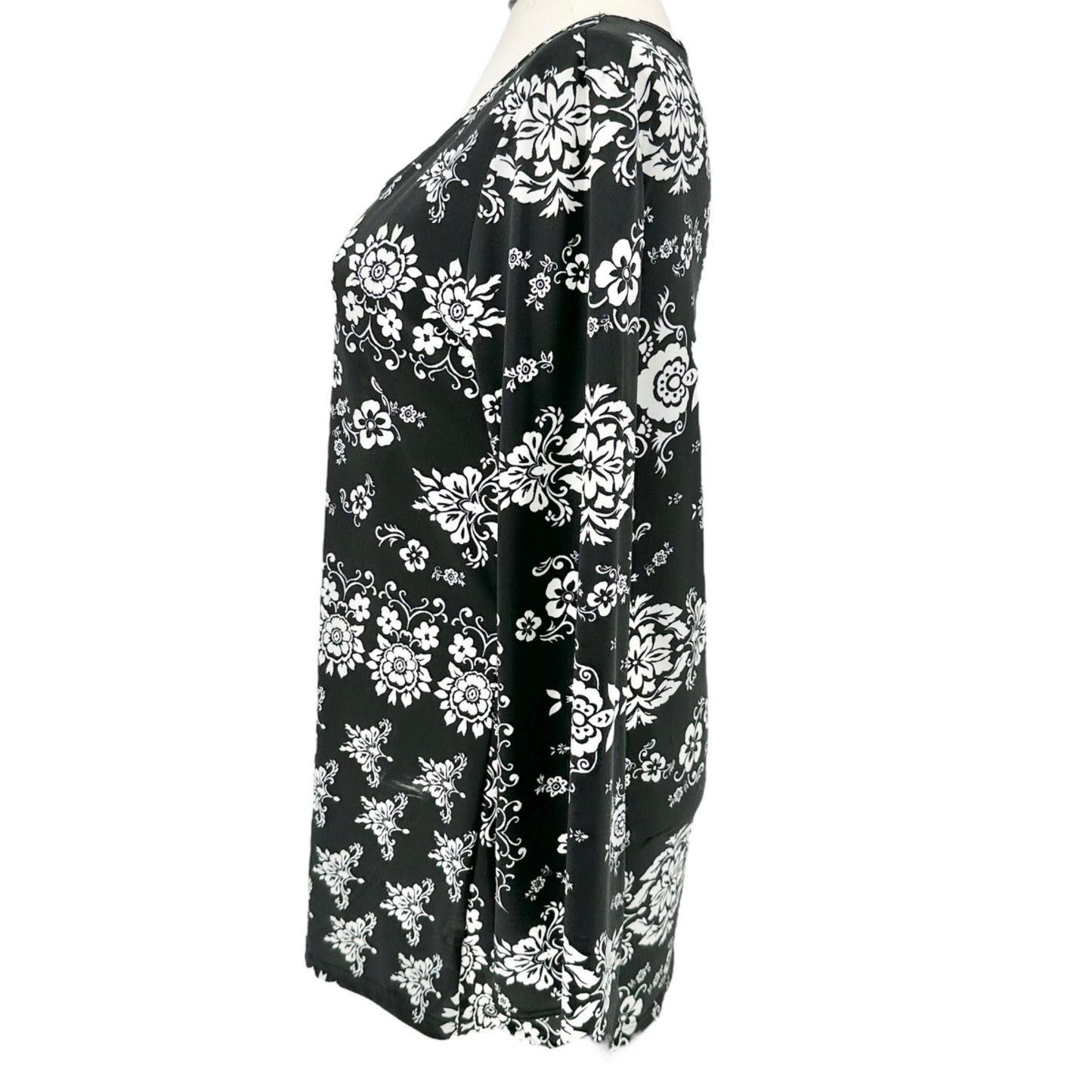 Johnny Womens Floral Print Black & White Long Sleeve Tunic Top 3XL USA Made