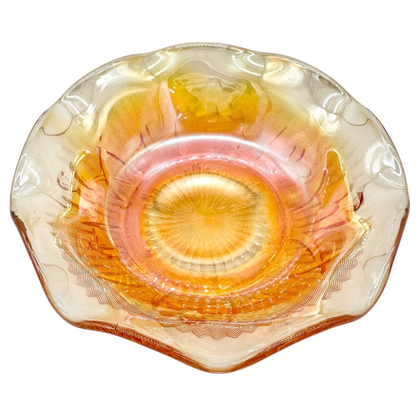 Jeannette Iris & Herringbone Marigold Bowl 5.5 inch Carnival Glass Wavy Edge