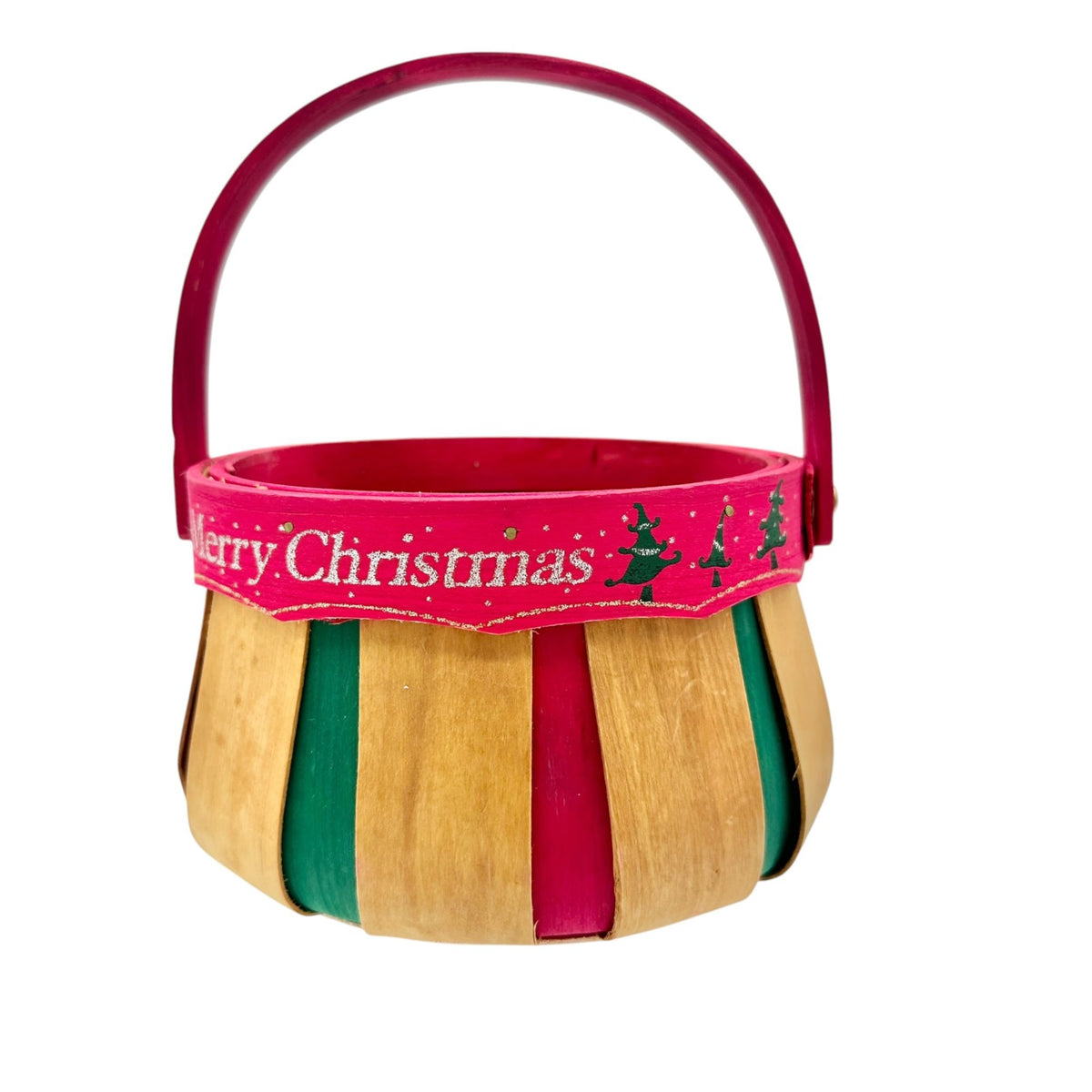 Merry Christmas Wooden Holiday Basket With Handle Red Green Natural Wood 7" Dia