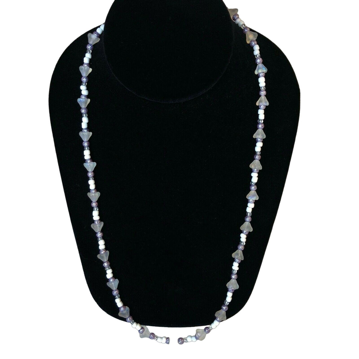 Handmade Necklace White Lavender Beads And Floral Accents 18 Inches Toggle Clasp