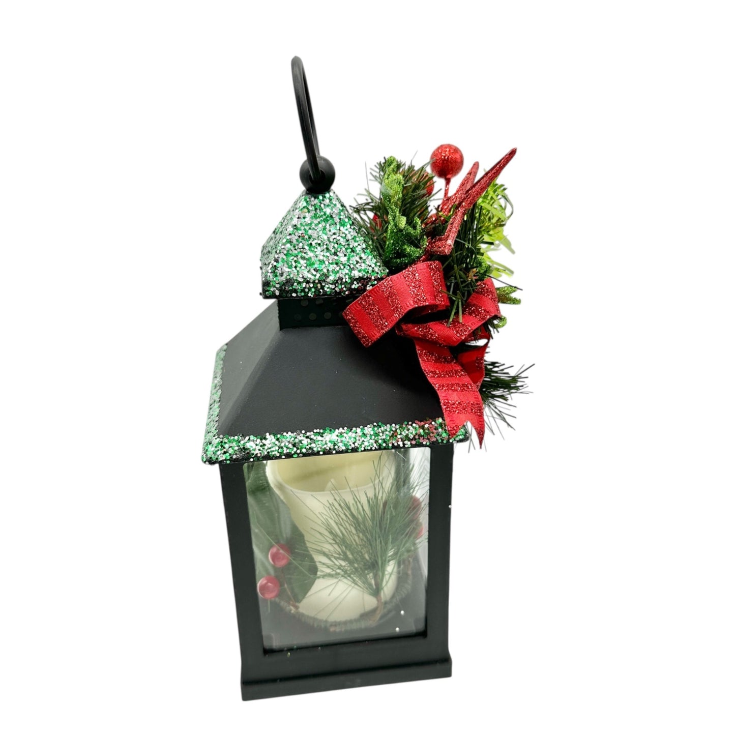 Christmas Lantern With LED Candle Black Plastic Festive Accents Battery WORKS