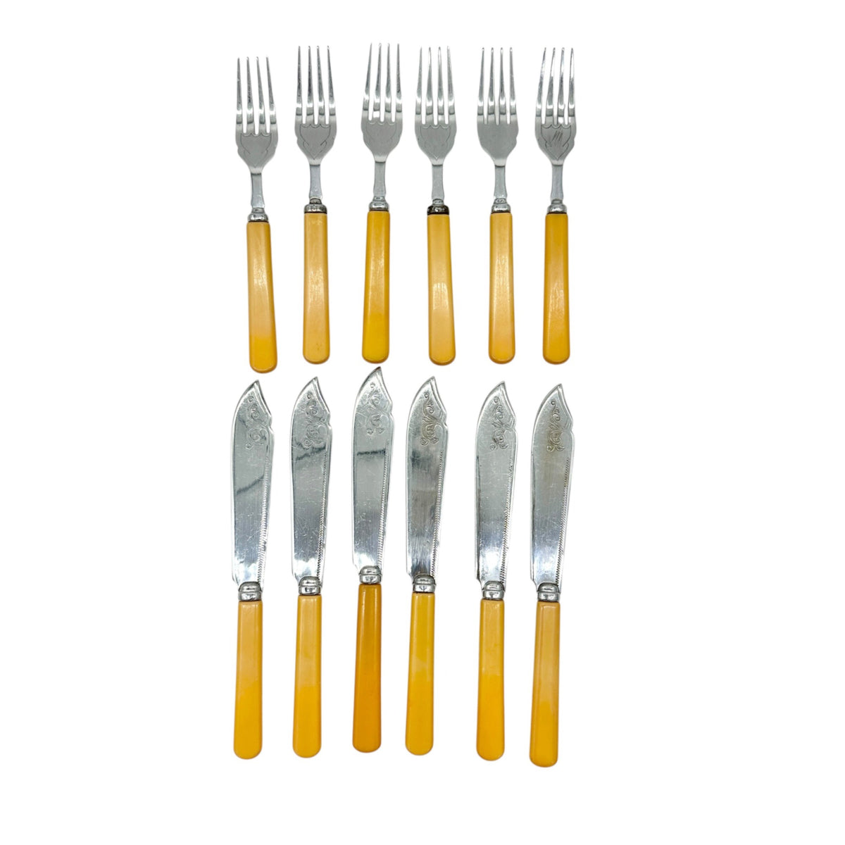 Vtg British Made Stainless Chrome Cutlery Set Yellow Handles 6 Knives 6 Forks