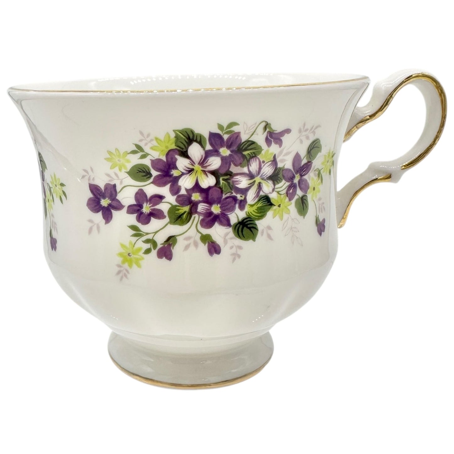 Queen Anne Violet Bone China Tea Cup Saucer Set England Gold Trim Floral Design