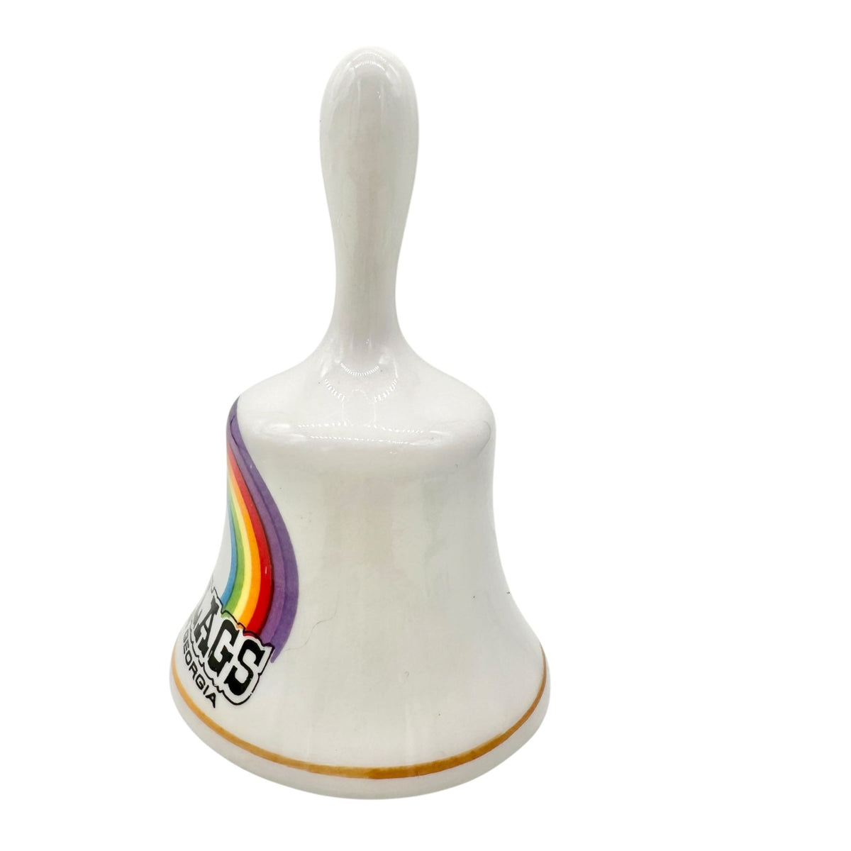 Six Flags Over Georgia Souvenir Bell White With Rainbow Design Ceramic 3.5"H