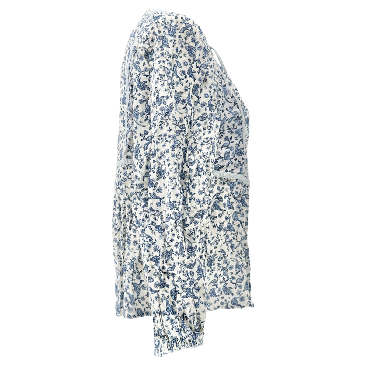 Old Navy Peasant Button-up Blouse Womens S Petite Blue White Floral Rayon Cotton