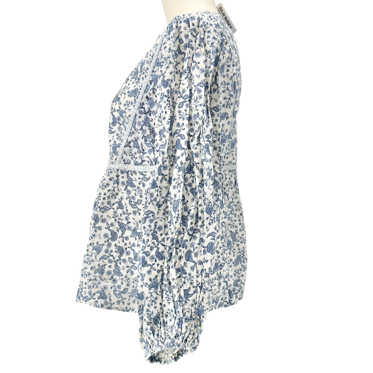 Old Navy Peasant Button-up Blouse Womens S Petite Blue White Floral Rayon Cotton