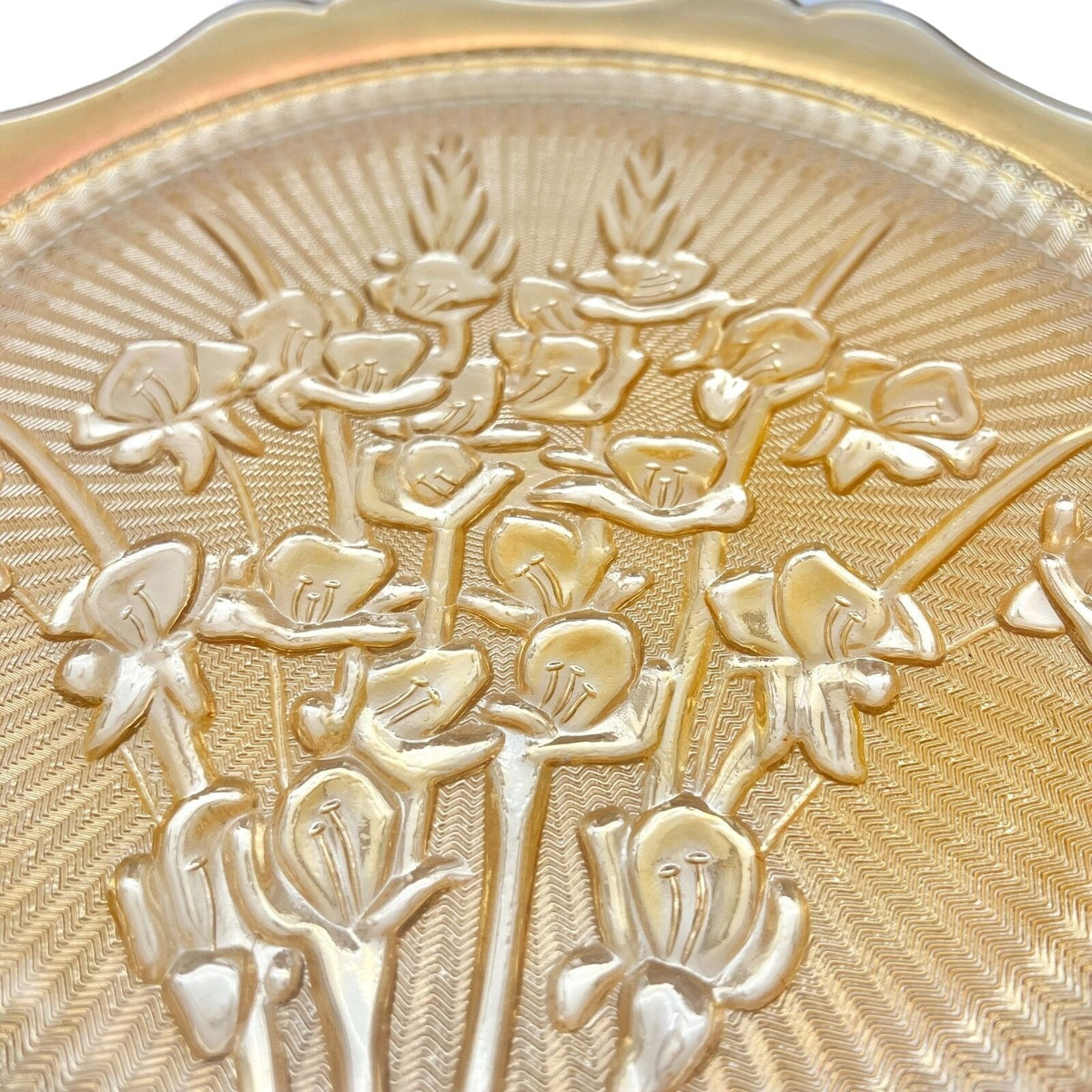Iridescent Iris & Herringbone Marigold Plate 12 in Vintage Carnival Glass