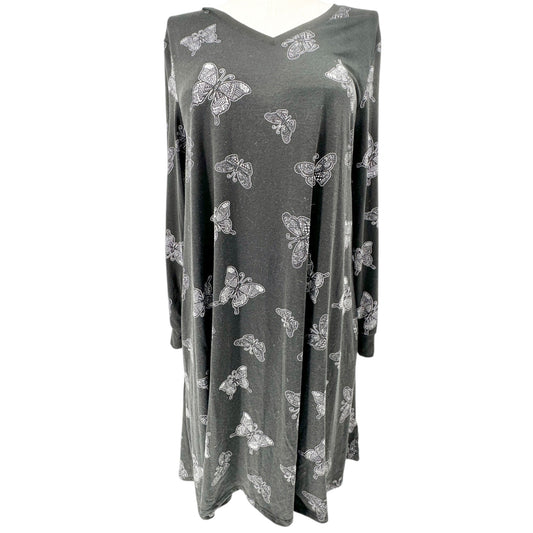 Lularoe Emily Dress Womens L Black White Butterfly Print LS Side Pockets Soft