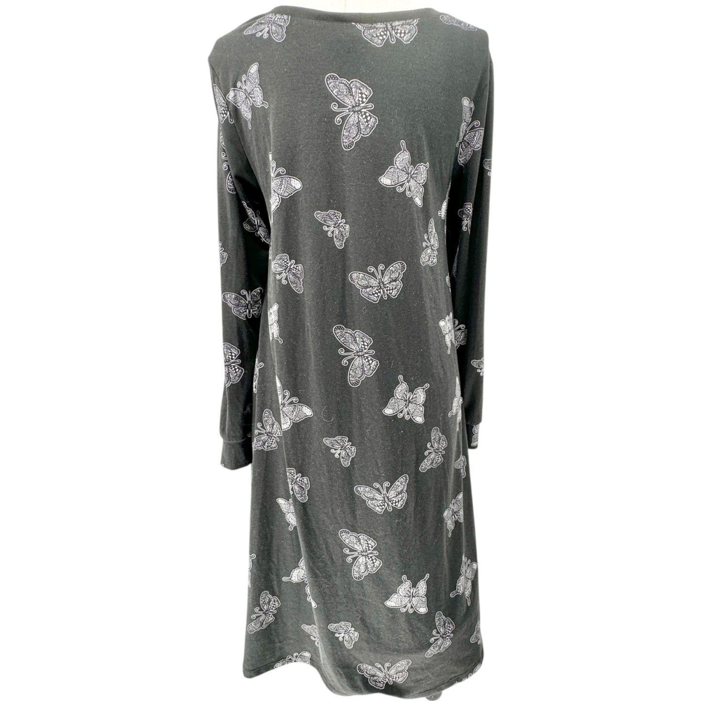 Lularoe Emily Dress Womens L Black White Butterfly Print LS Side Pockets Soft