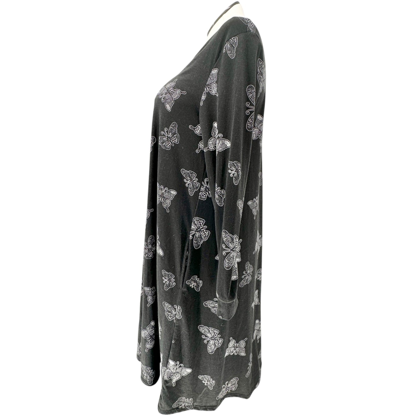 Lularoe Emily Dress Womens L Black White Butterfly Print LS Side Pockets Soft