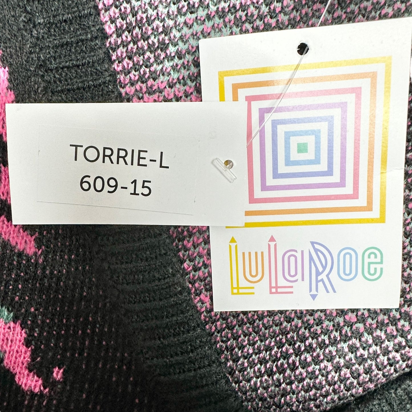 LuLaRoe Torrie Sweater Womens L Black Acrylic LS Pink Green Floral Print V-Neck