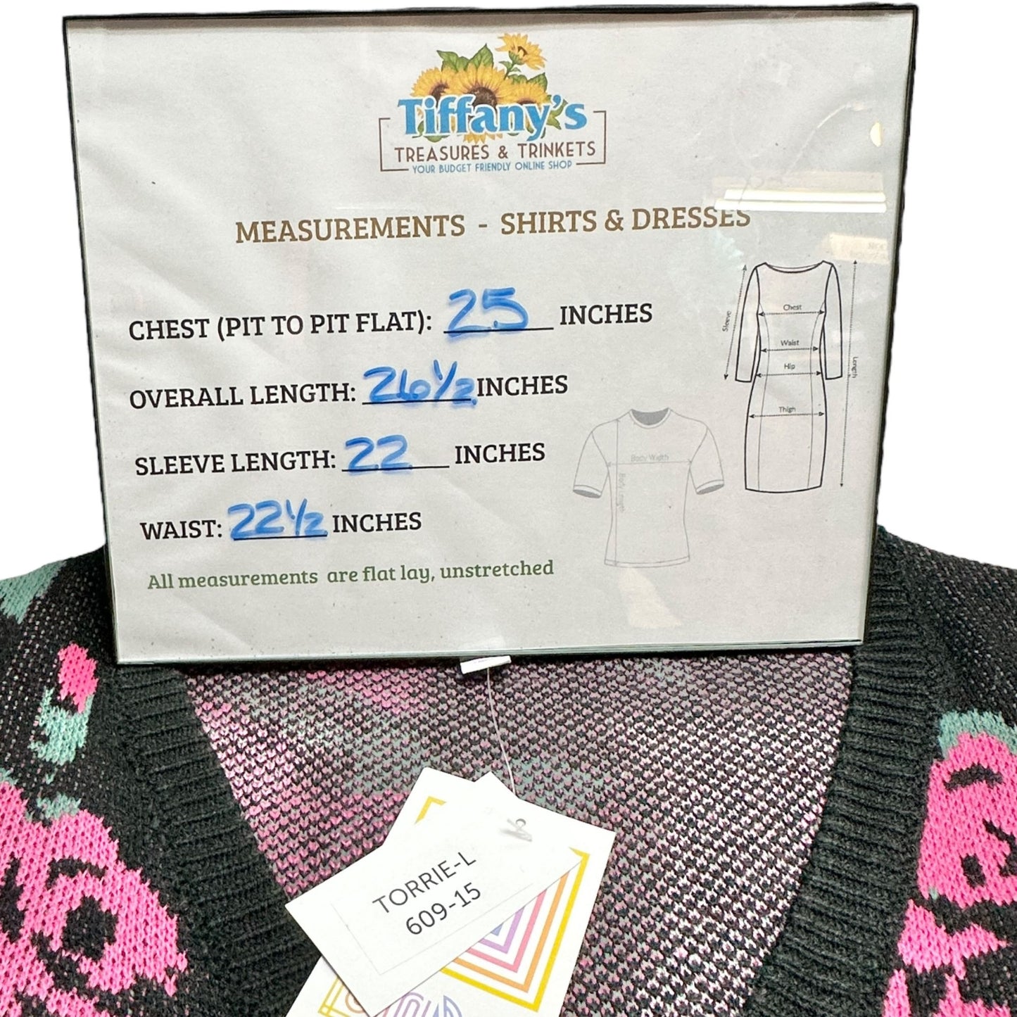 LuLaRoe Torrie Sweater Womens L Black Acrylic LS Pink Green Floral Print V-Neck