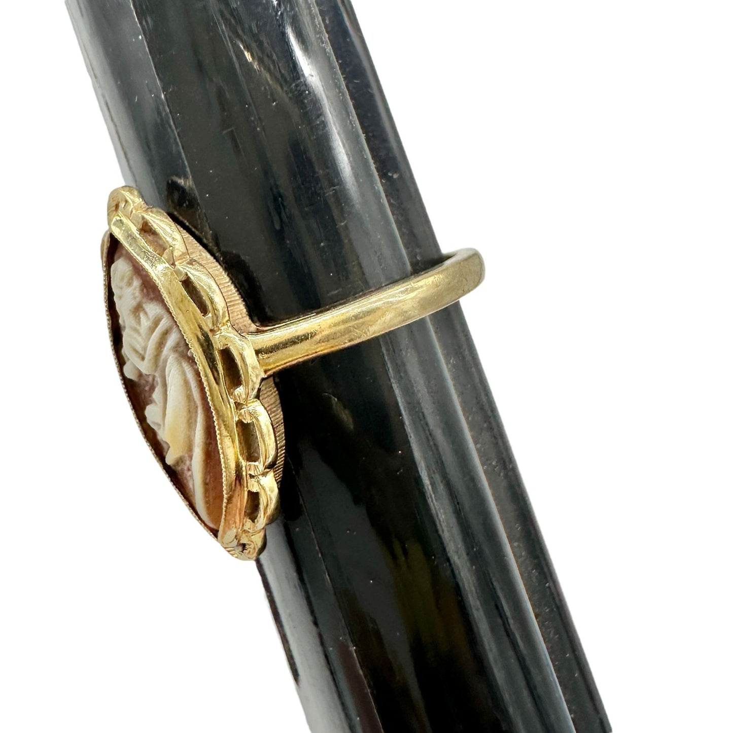 Vintage 10K Gold Marquise Cameo Ring Size 6.25 Featuring Carved Womans Profile