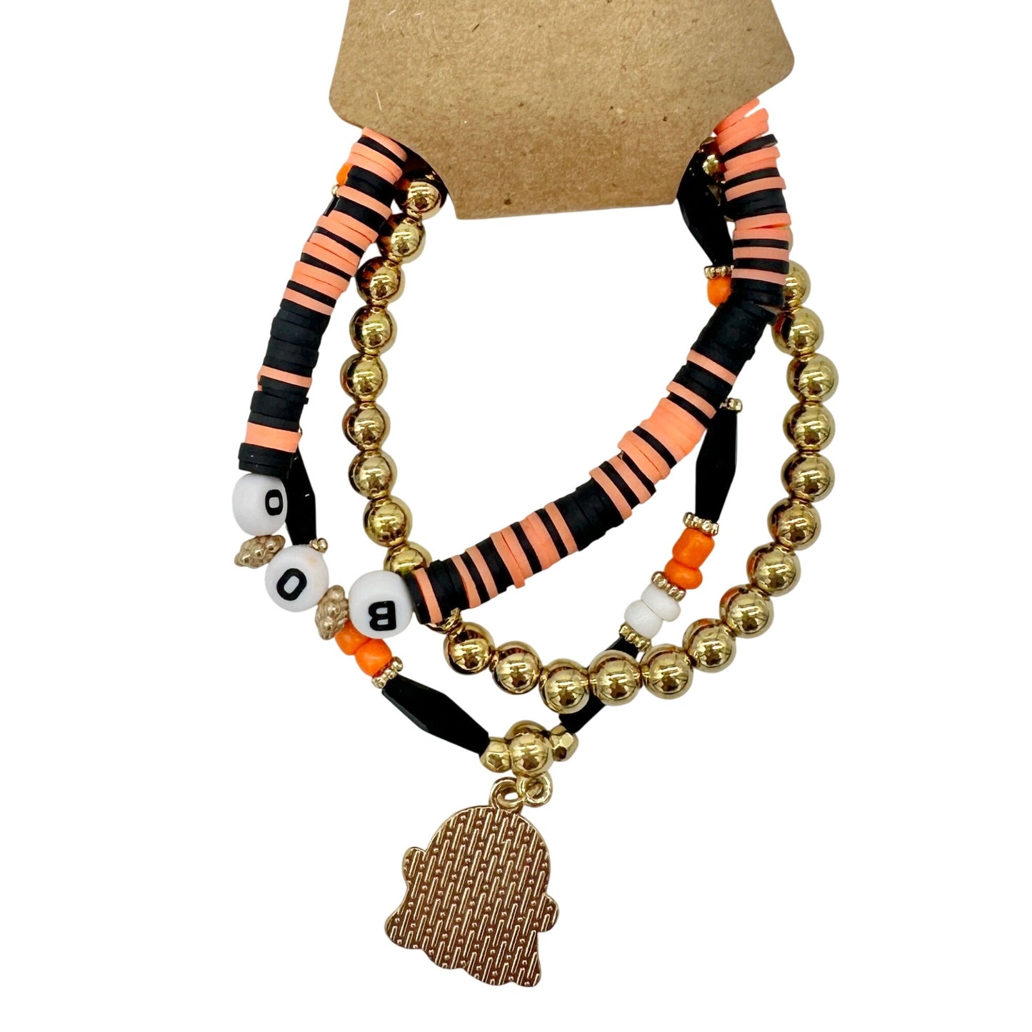 Halloween White Ghost Beaded Stretch Bracelet Trio Orange Black White Gold