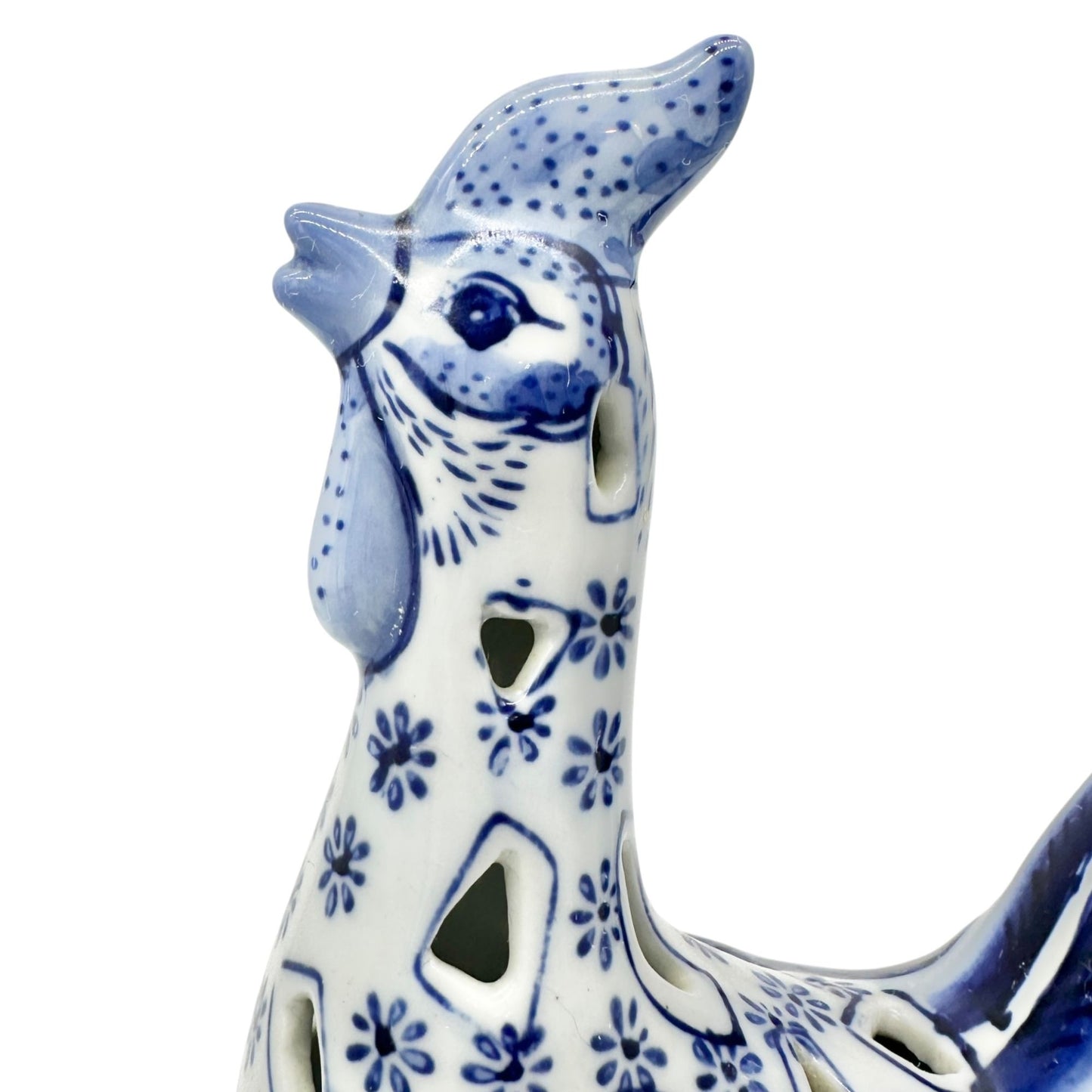 Decorative Blue and White Ceramic Rooster Figurine 10 x 6.5 Farmhouse Kitchen