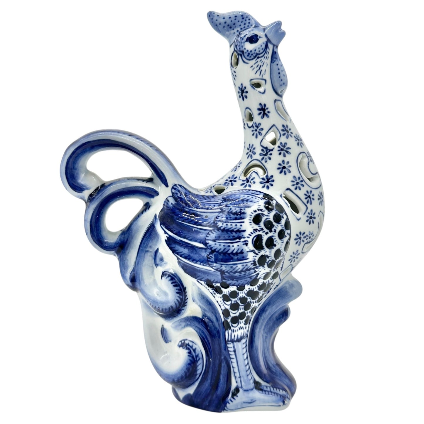 Decorative Blue and White Ceramic Rooster Figurine 10 x 6.5 Farmhouse Kitchen
