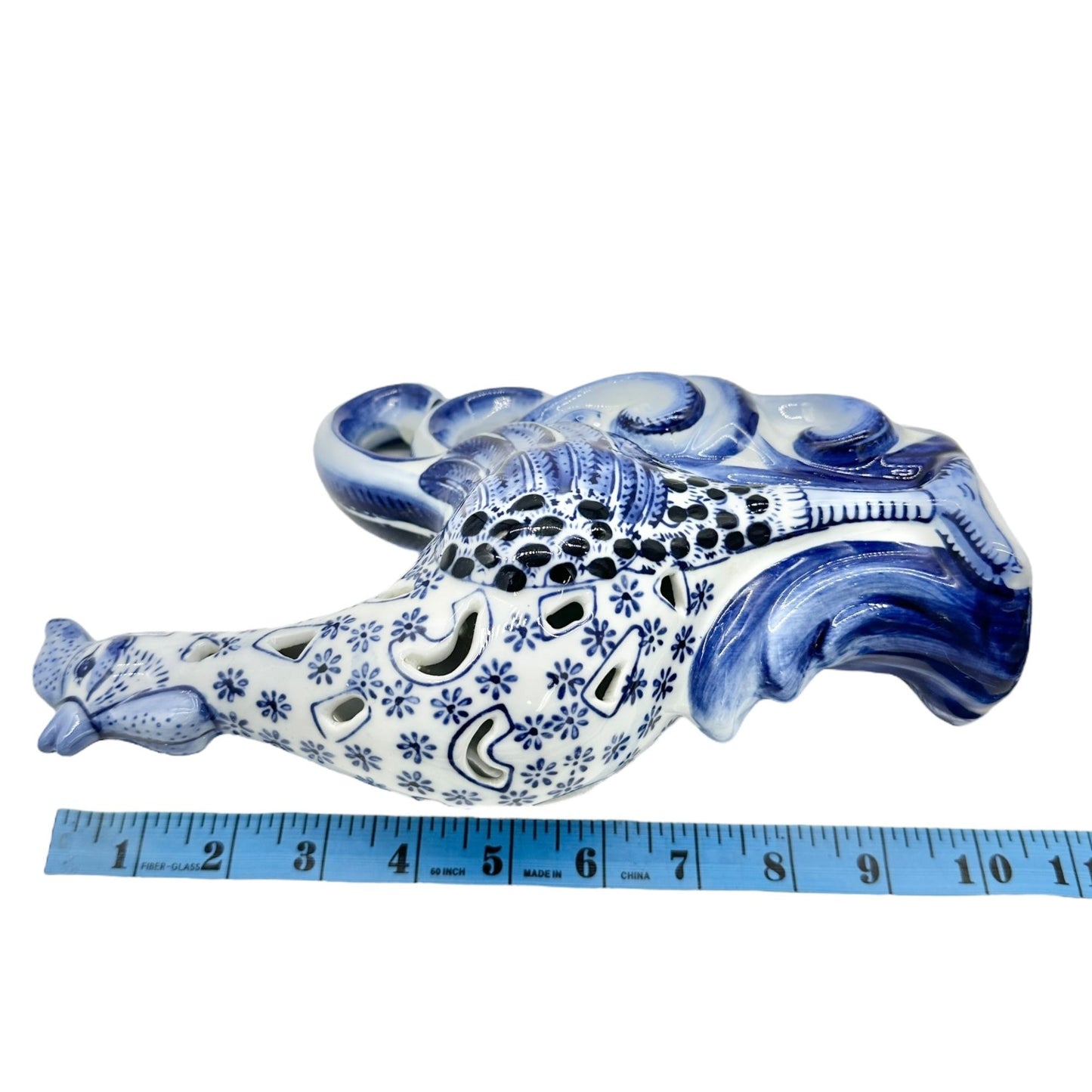 Decorative Blue and White Ceramic Rooster Figurine 10 x 6.5 Farmhouse Kitchen