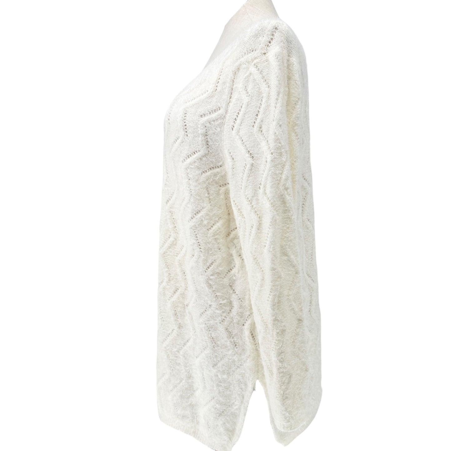 Ellos Tunic Sweater Womens 1X 22-24 Cream Chevron Knit Lightweight LS V Neck