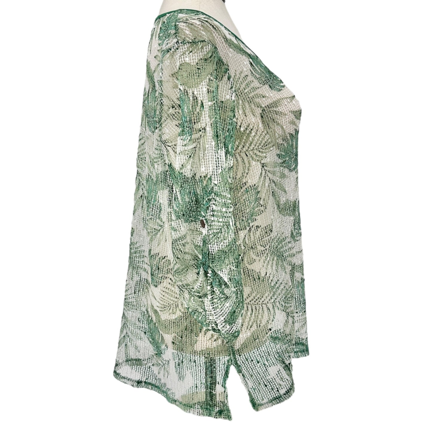 Green & White Sheer Leaf Pattern Tunic Swim Coverup 2X Polyester Women Plus Size