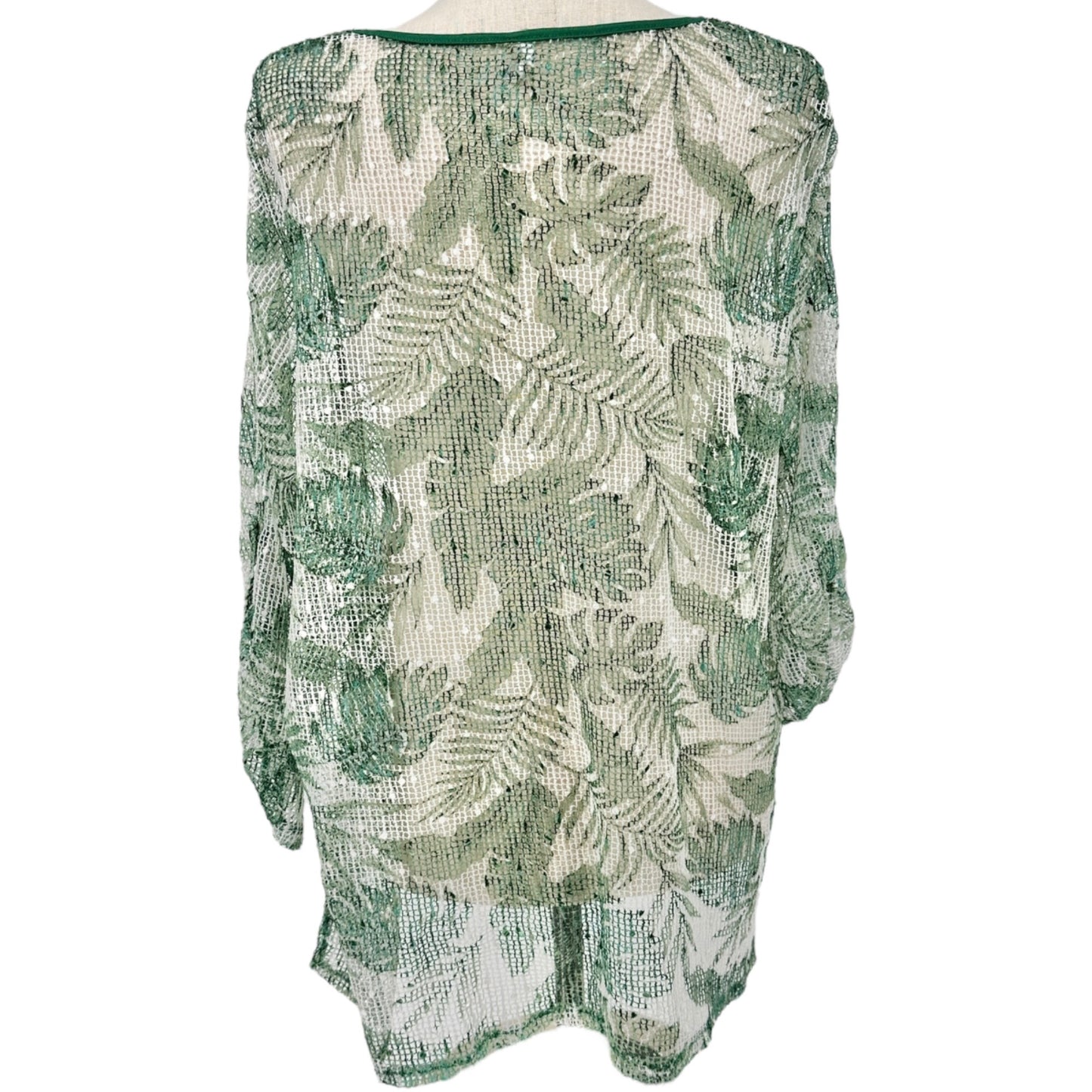 Green & White Sheer Leaf Pattern Tunic Swim Coverup 2X Polyester Women Plus Size