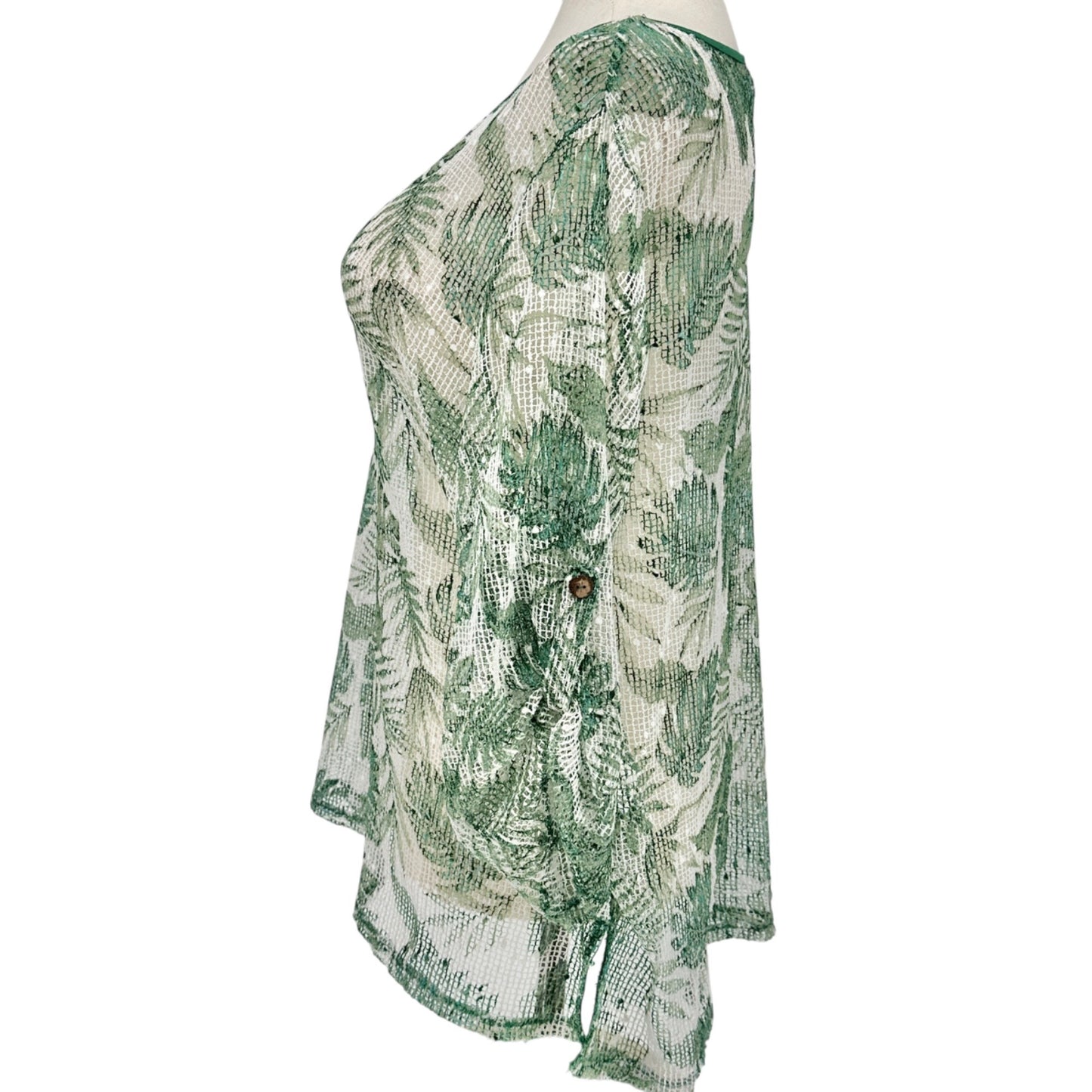 Green & White Sheer Leaf Pattern Tunic Swim Coverup 2X Polyester Women Plus Size