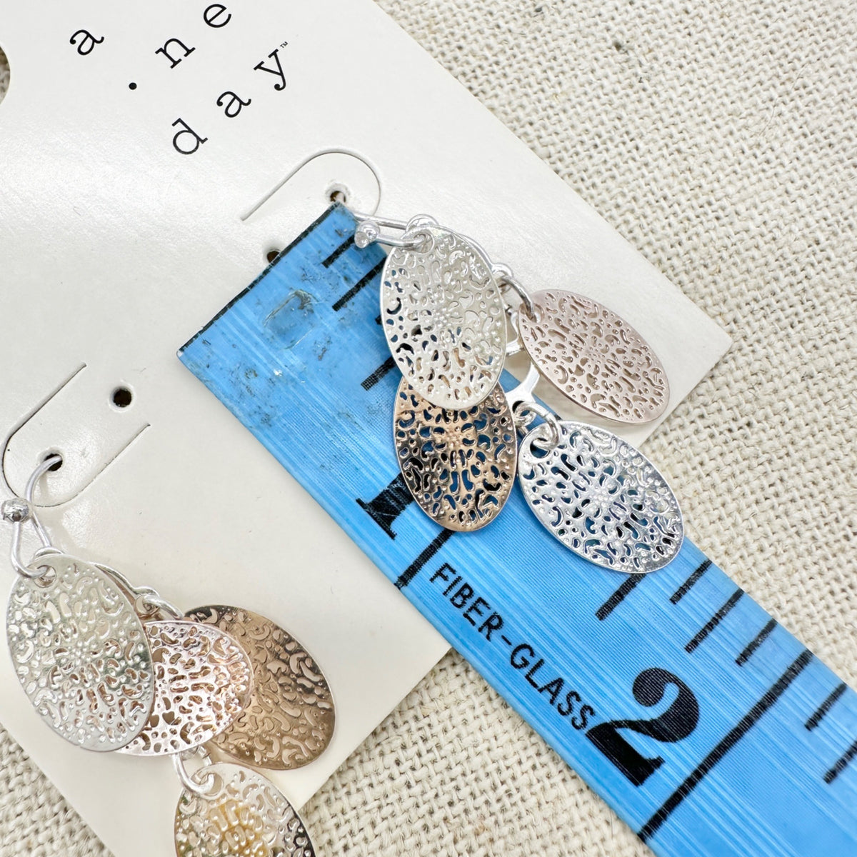 Set of 2 Pairs of Dangle Hook Earrings Silver Tone Filigree Textured Oval Clover