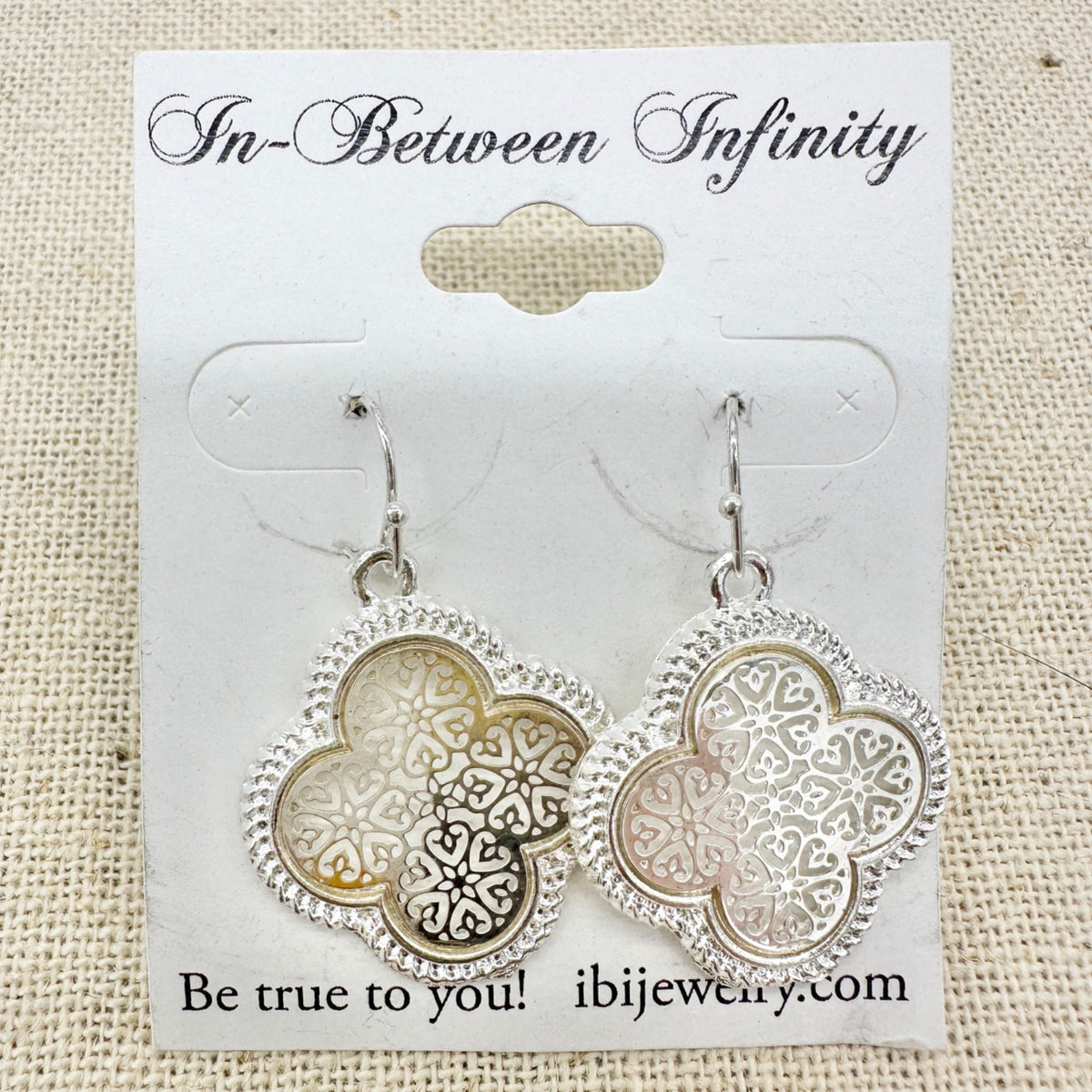 Set of 2 Pairs of Dangle Hook Earrings Silver Tone Filigree Textured Oval Clover