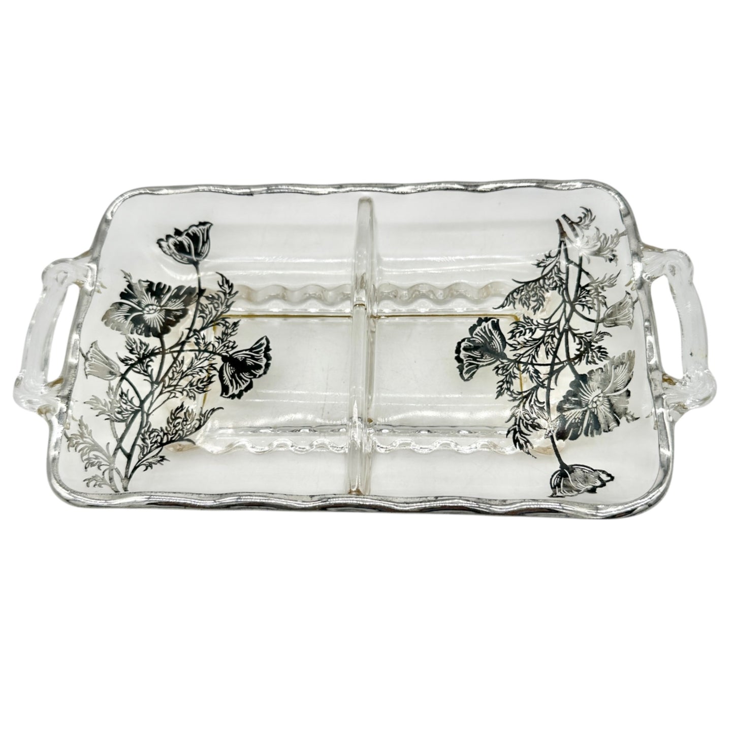 Vintage Glass Divided Serving Tray With Black Floral Design and Handles 9 x 5 in