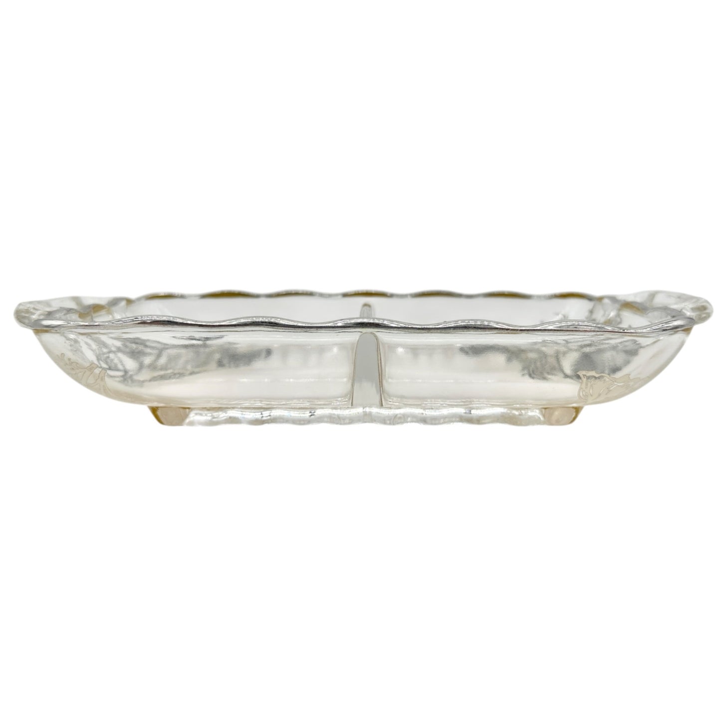 Vintage Glass Divided Serving Tray With Black Floral Design and Handles 9 x 5 in