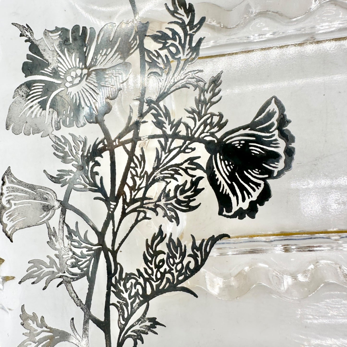 Vintage Glass Divided Serving Tray With Black Floral Design and Handles 9 x 5 in