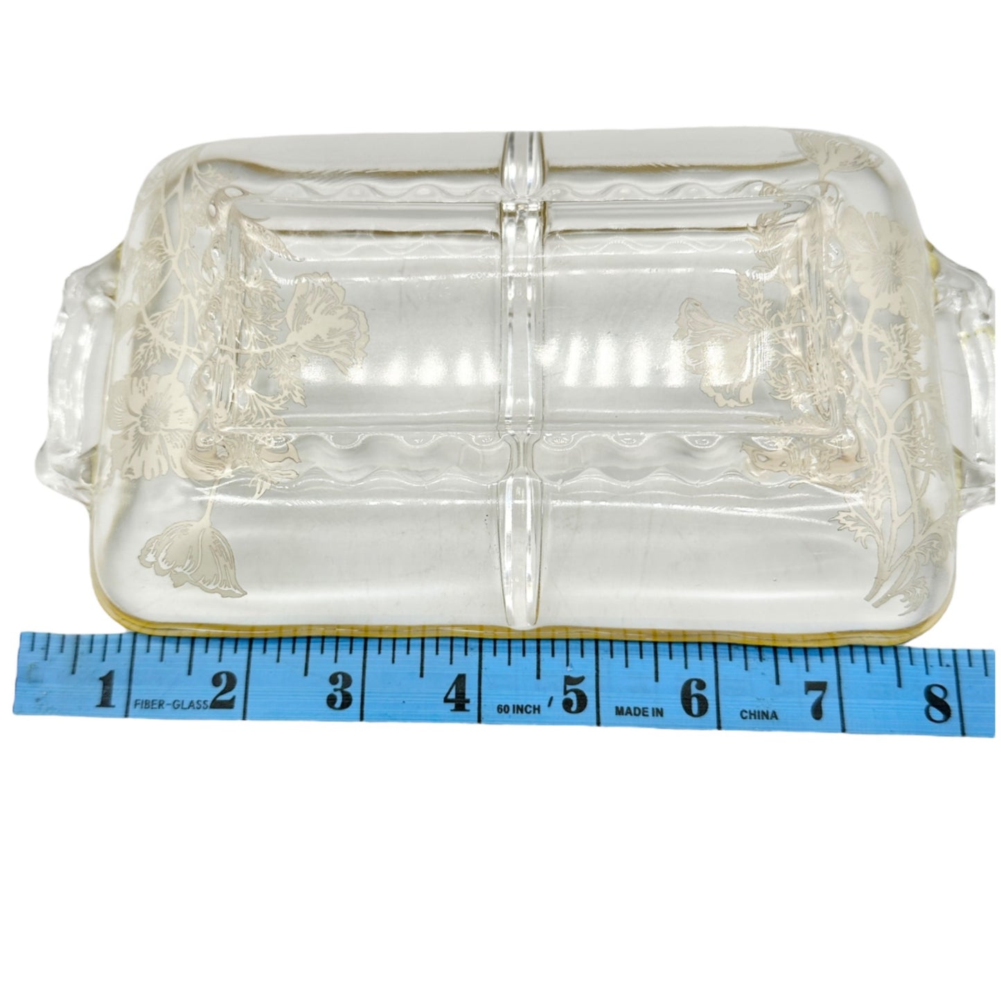 Vintage Glass Divided Serving Tray With Black Floral Design and Handles 9 x 5 in