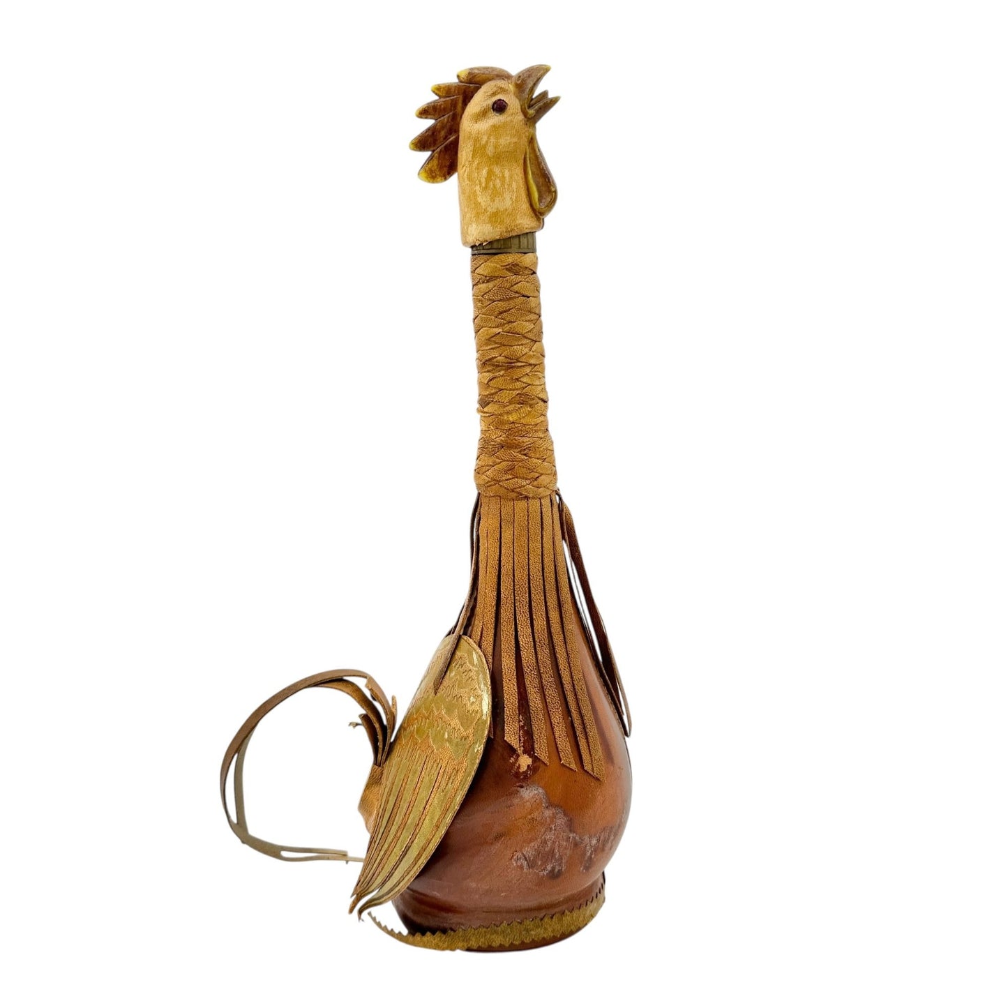 Vintage Leather Wrapped Chicken Decanter Novelty Made in Italy Brown 15.5 inches