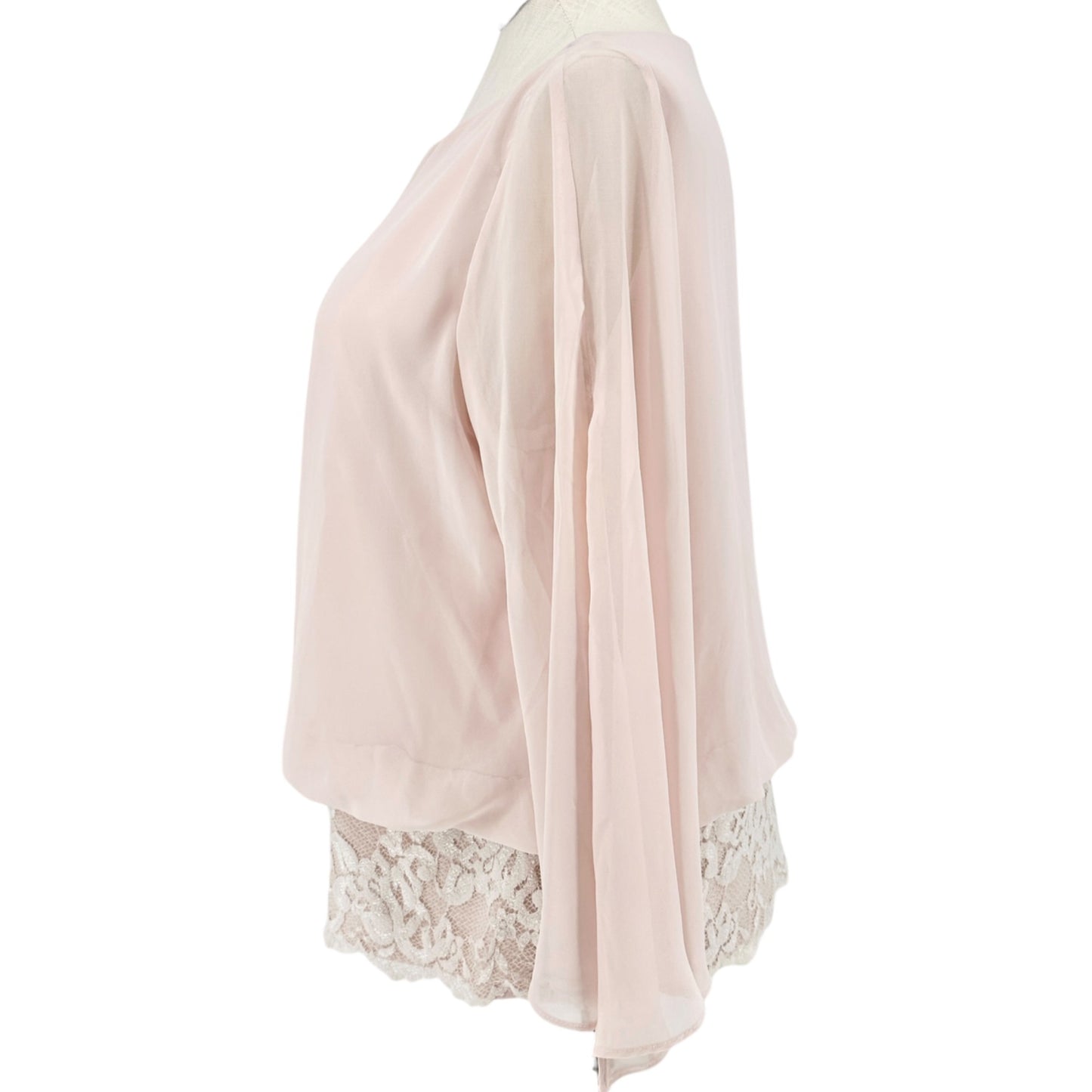 Collection By Dressbarn Blouse Women 2X Blush Pink Chiffon Lace Hem Split Sleeve