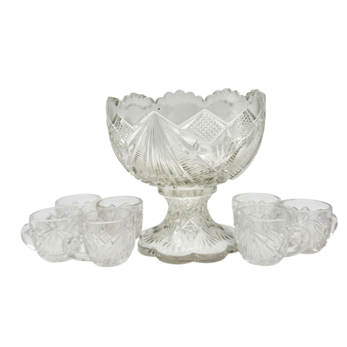 Rex Fancy Cut Punch Bowl With 7 Cups Childrens Tableware EAPG Clear Glass 4.5"H