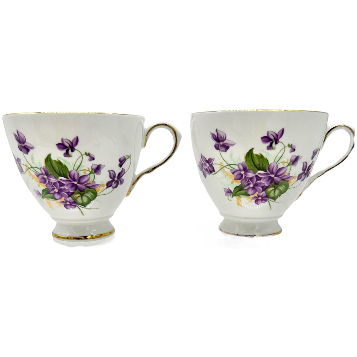 Vintage Queens Royal Bone China Tea Cups Pair Purple Floral Gold Trim England