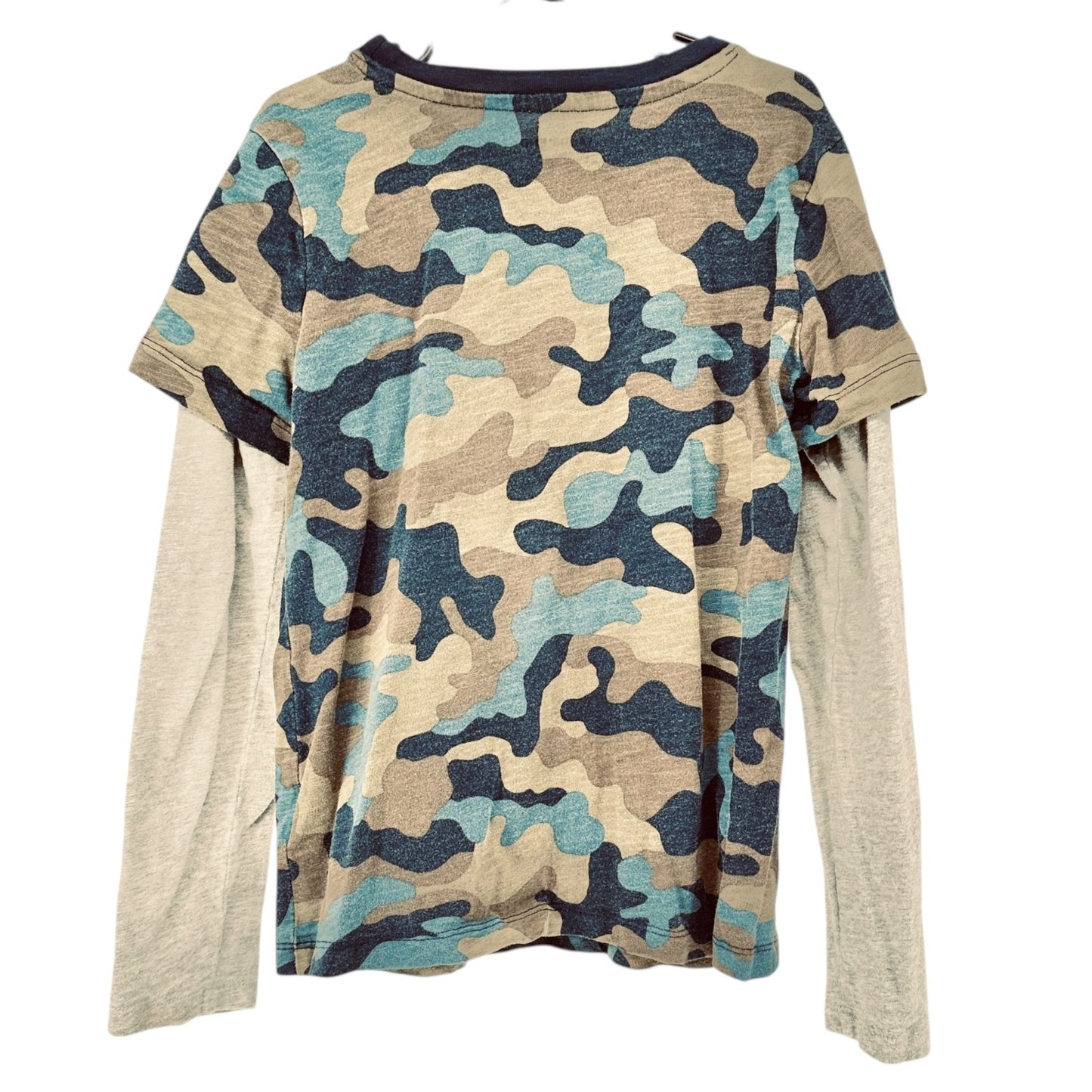 Lands End Layered Look T-Shirt Boys S 8 Camouflage Long-Sleeve Cotton Blue Beige
