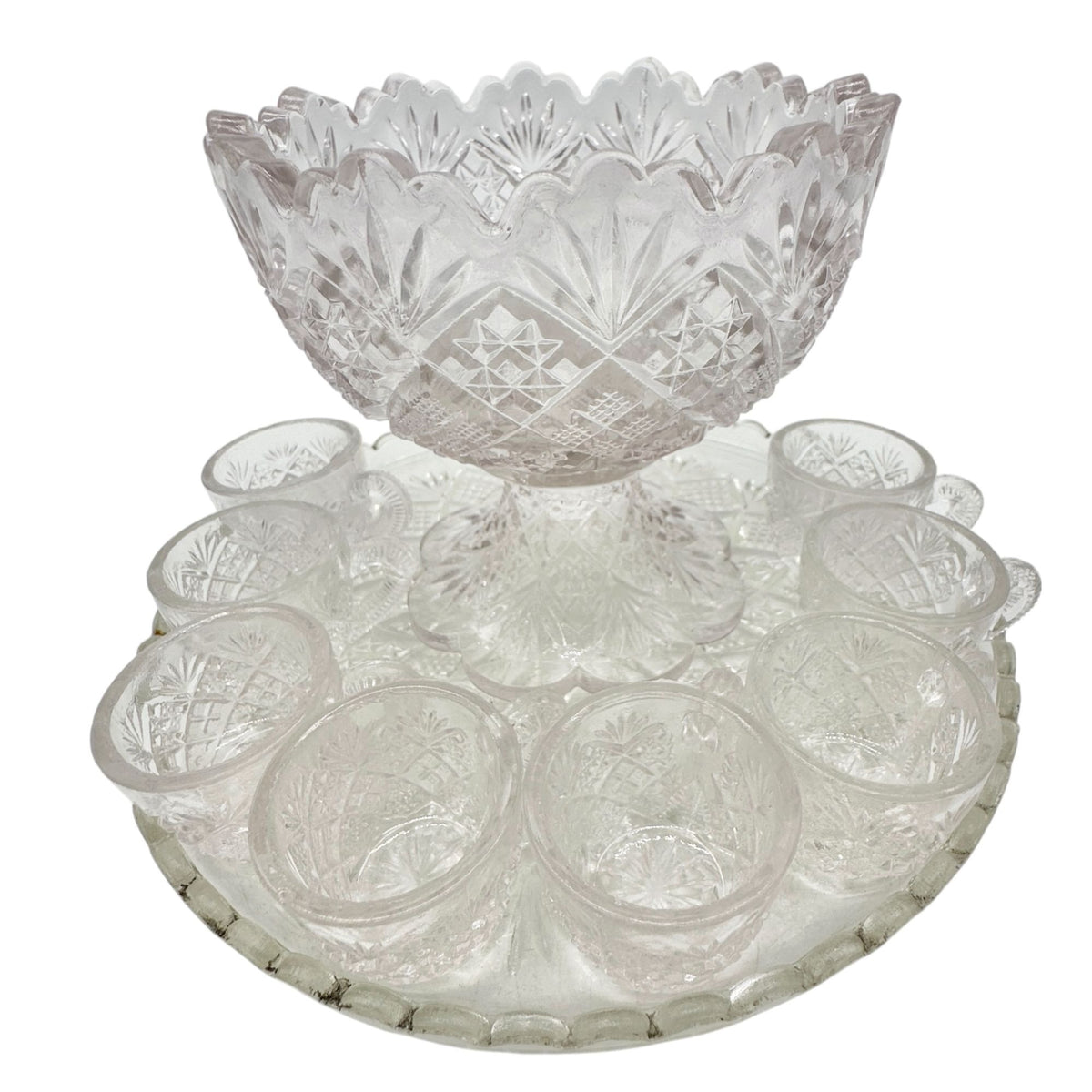 Thumbelina Flattened Diamond Punch Bowl 8 Cups Tray EAPG Childrens Tableware Set