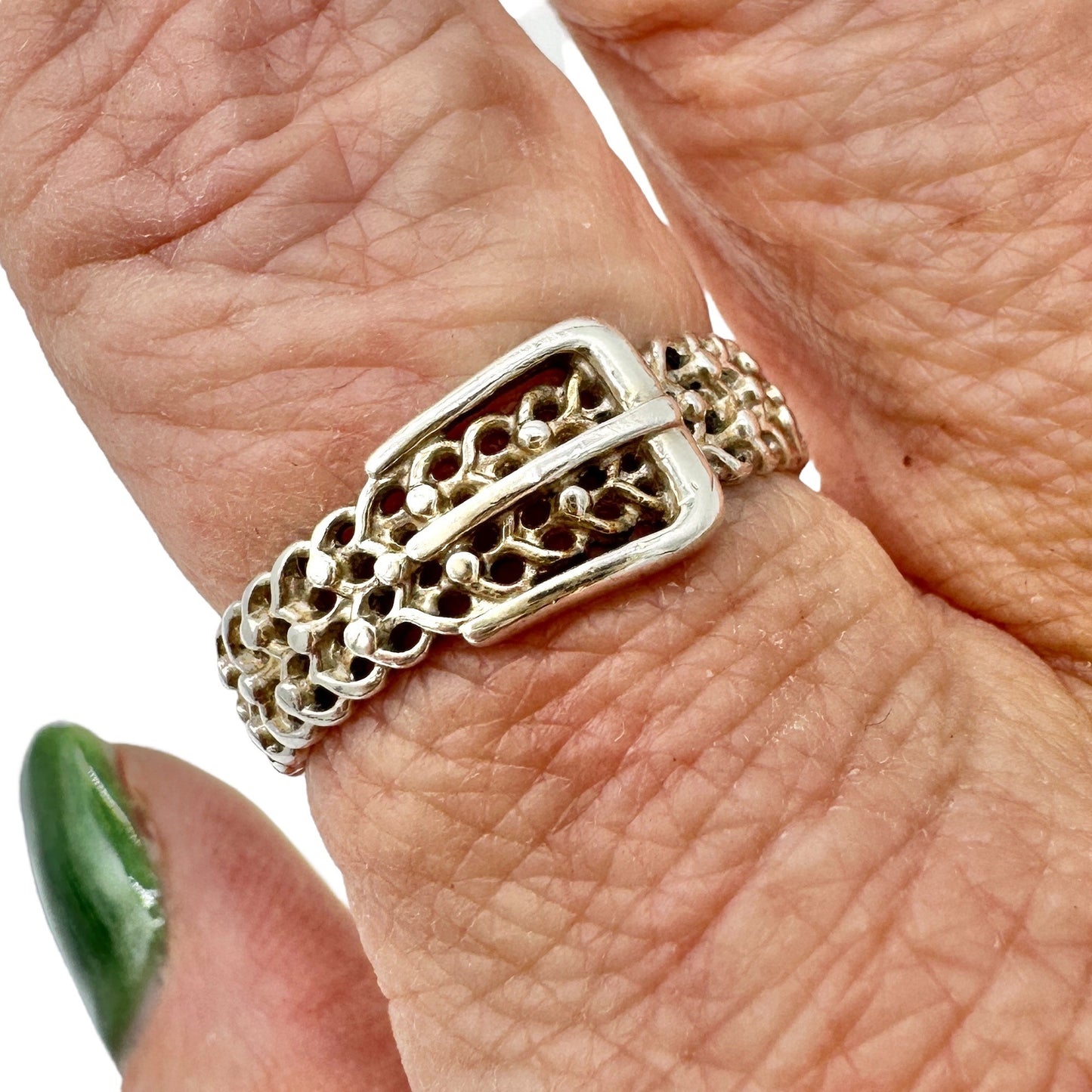 Vintage Sterling Silver 925 Buckle Design Ring Size 10 Unique Chain Style NV40