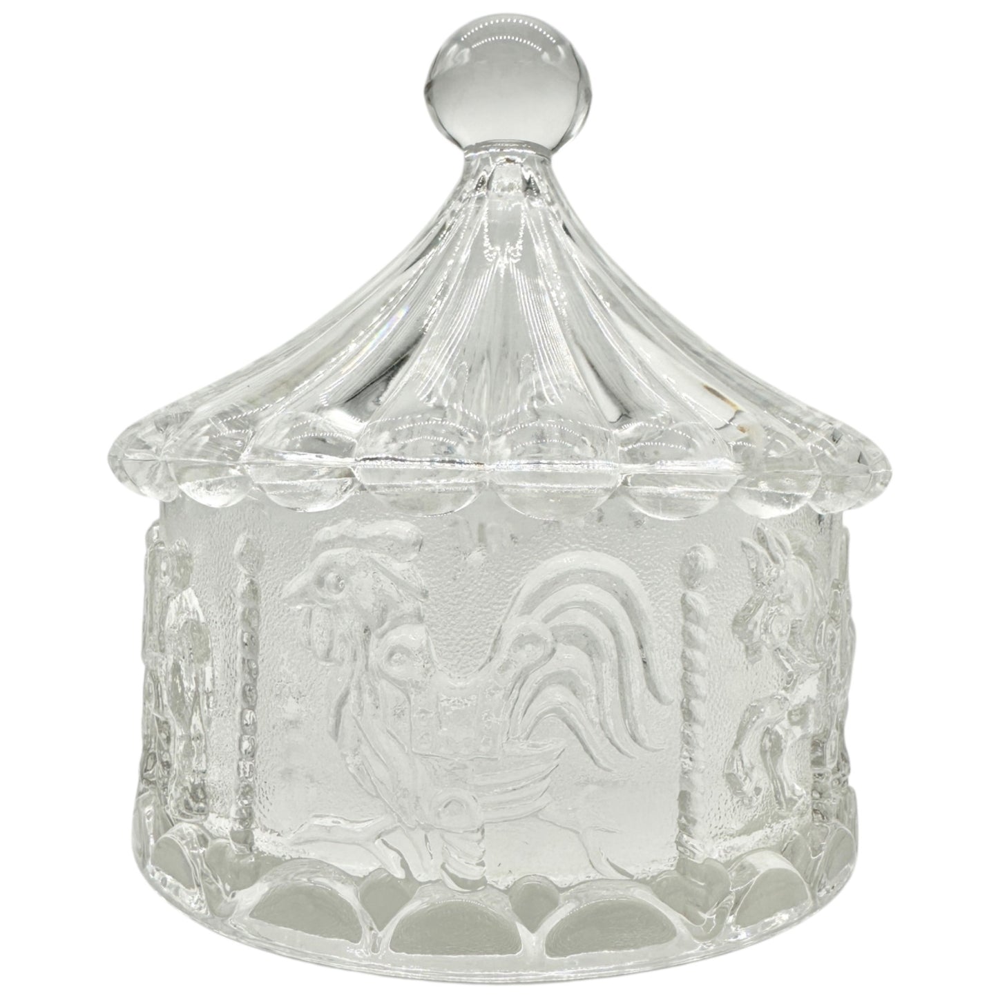 Carousel-Shaped Clear Glass Candy Dish With Lid Featuring Carousel Animals