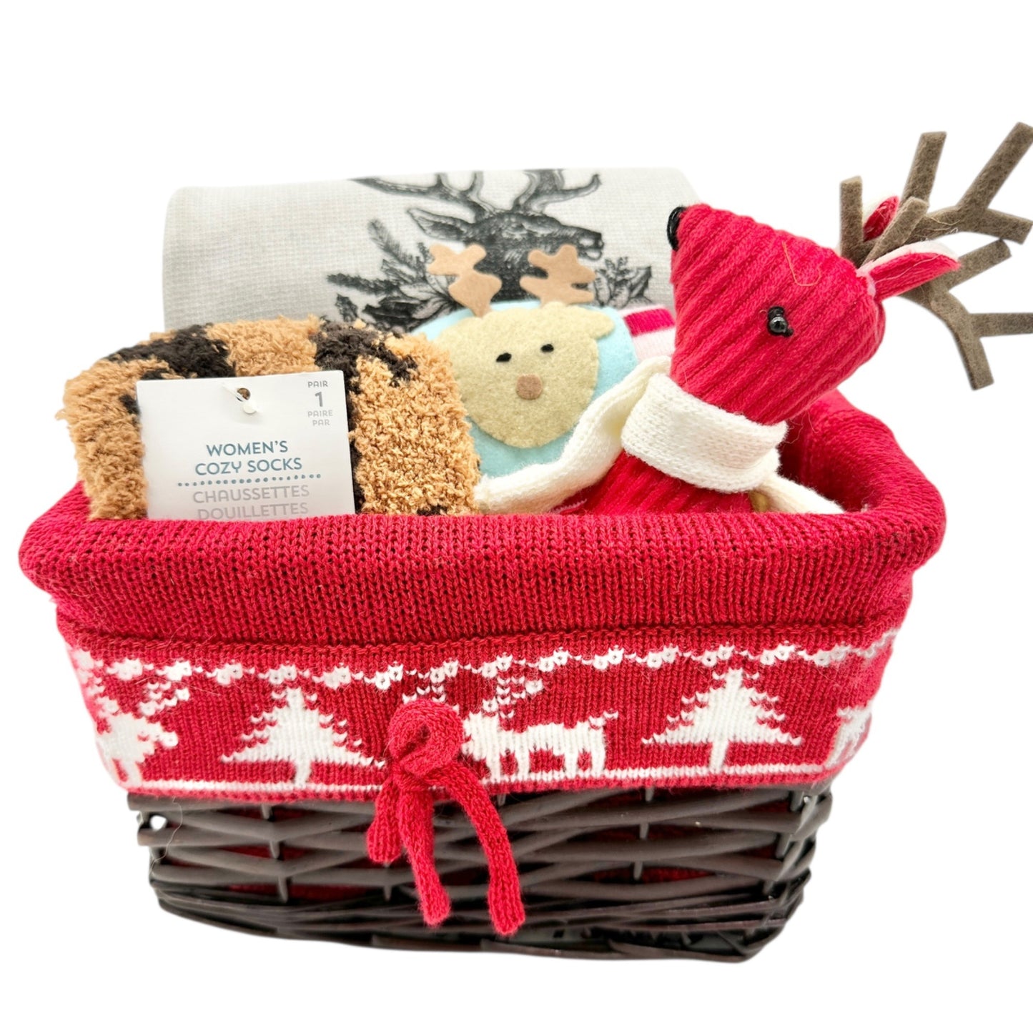 Christmas Gift Basket Set Reindeer Themed Socks Towel Plush Toy Woven Basket