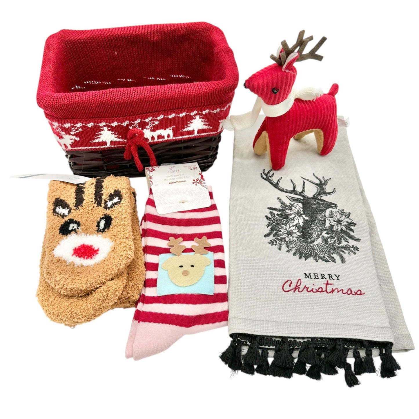 Christmas Gift Basket Set Reindeer Themed Socks Towel Plush Toy Woven Basket