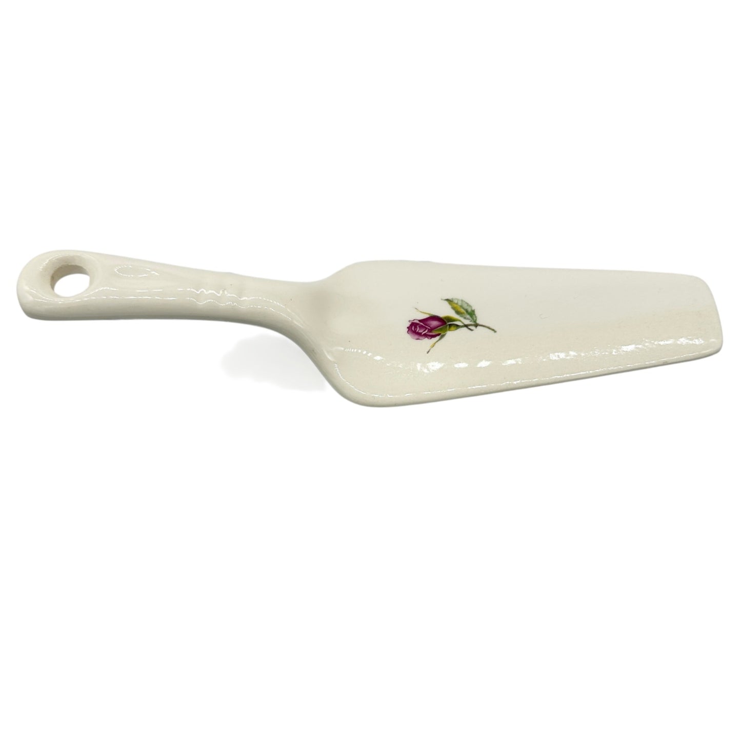 Vintage White Ceramic Cake Server With Pink Rose Design 9 inches Long