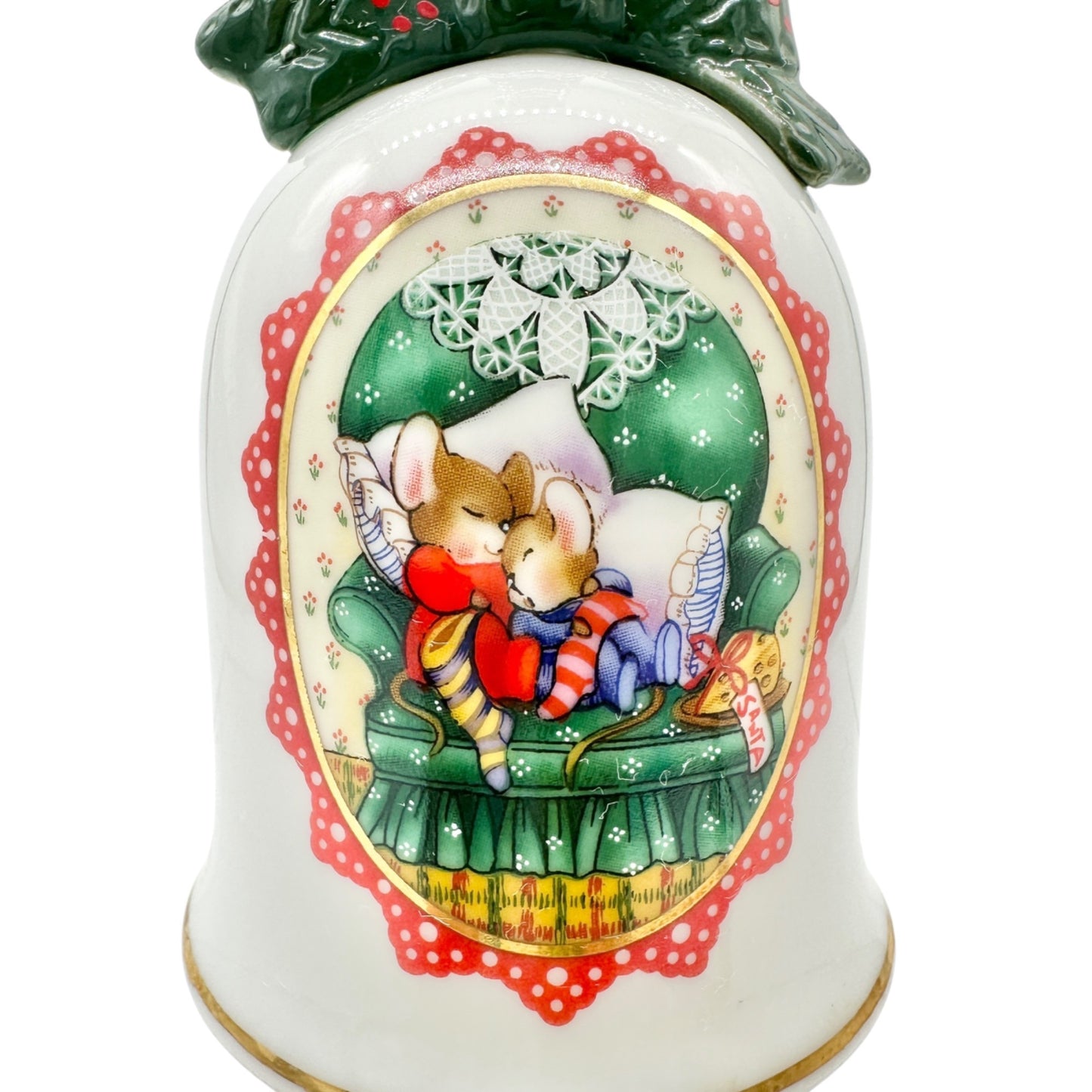 Avon Christmas 1990 Bell Ceramic White With Colorful Cozy Mouse Couple Design